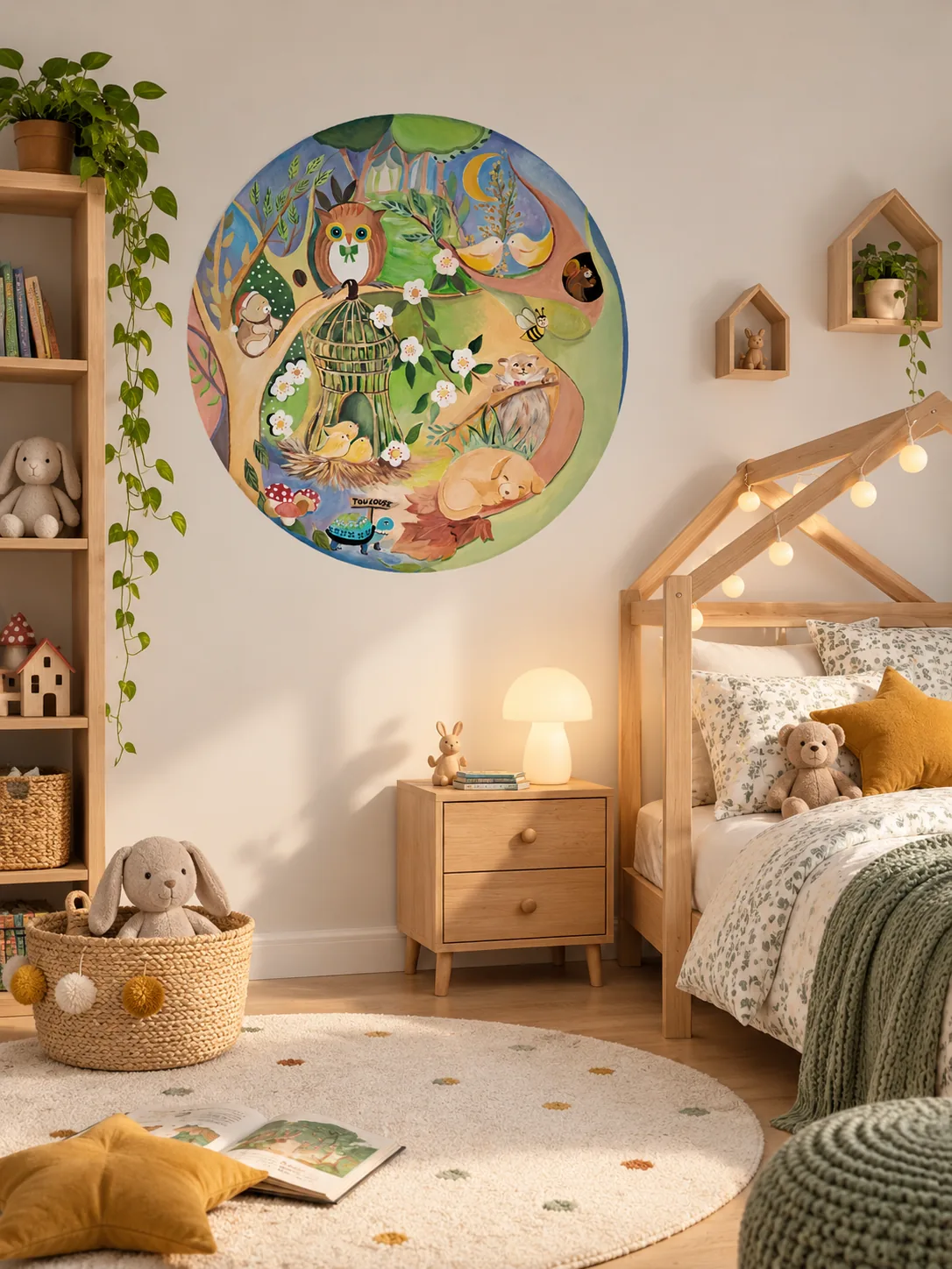 Fresque ovale pour une chambre d’enfant, avec une chouette, des oiseaux et des animaux dans un arbre