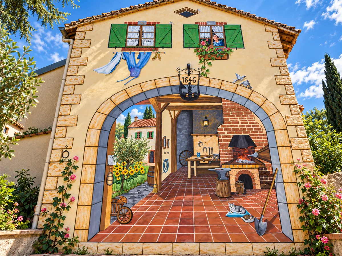 Fresque en trompe-l’œil sur une façade, avec arche et fenêtres peintes