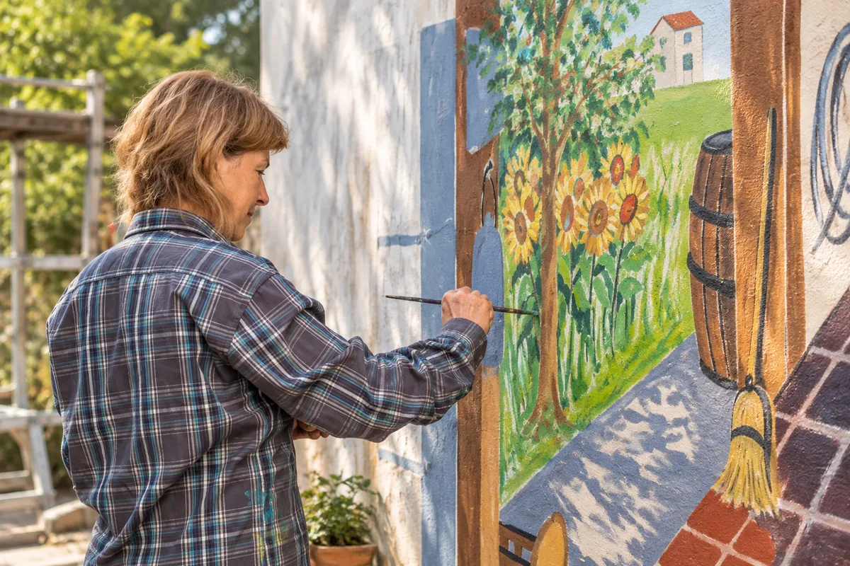 Artiste peignant les détails végétaux d’une fresque murale extérieure