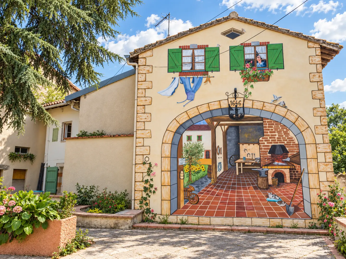 Fresque en trompe-l’œil sur une façade, avec une arche et des fenêtres peintes