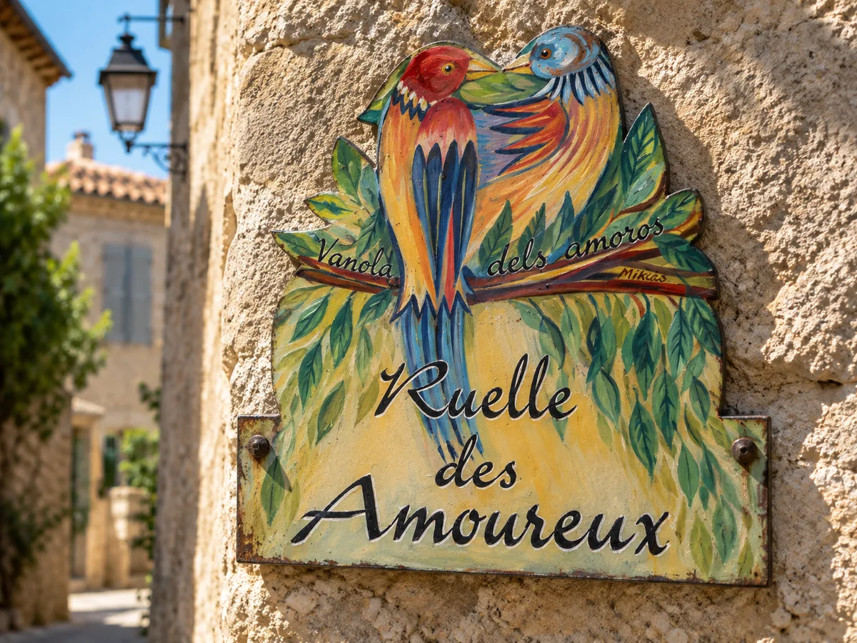 Plaque Ruelle des Amoureux illustrée de deux oiseaux colorés