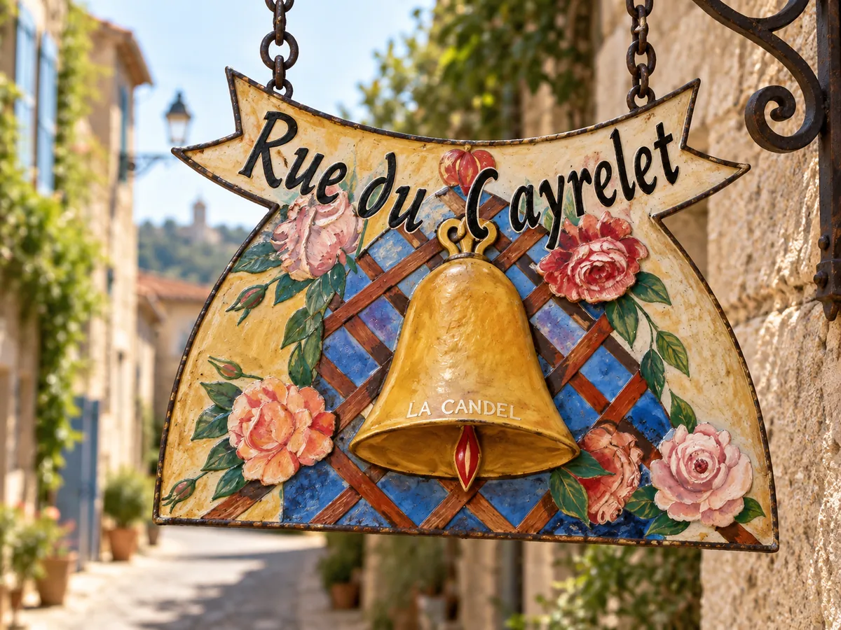 Plaque artisanale Rue du Cayrelet ornée de roses et d’une cloche en relief