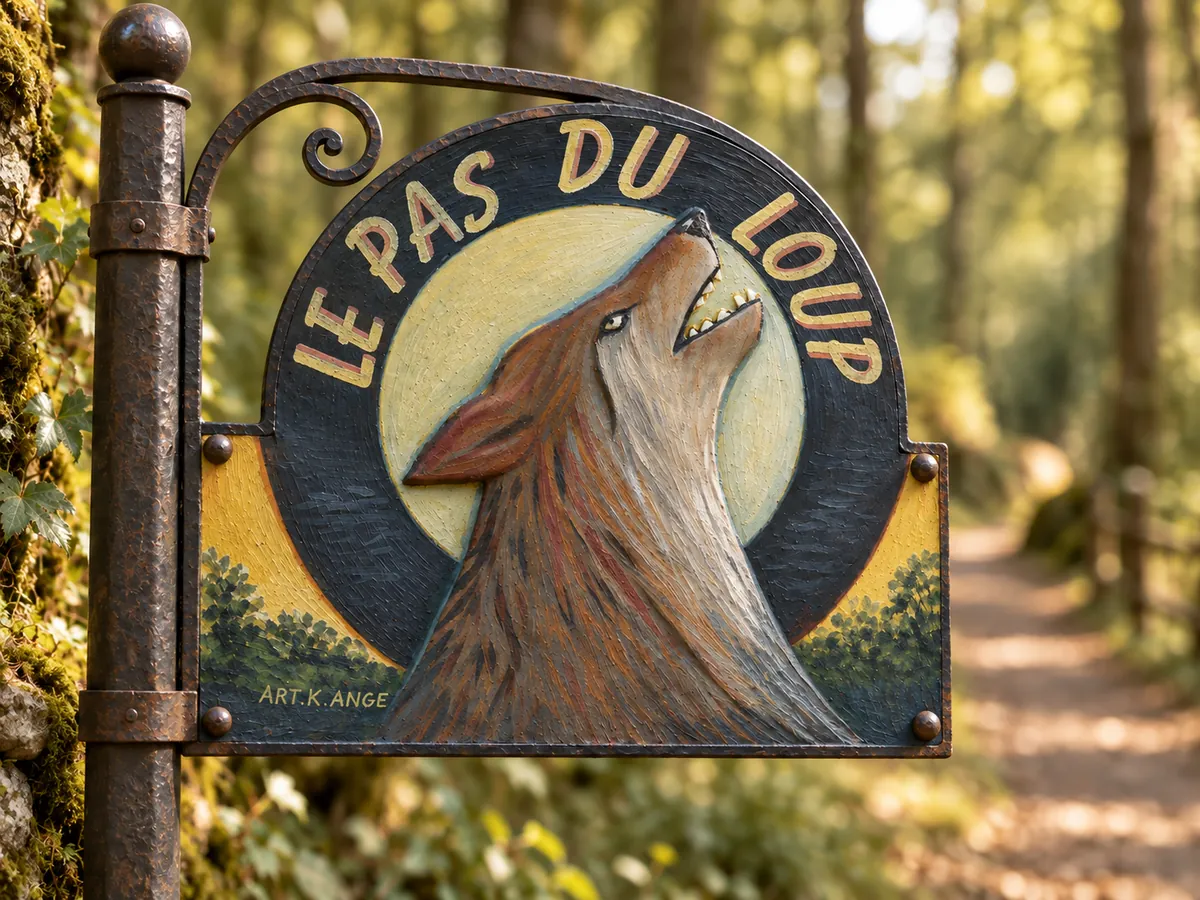 Enseigne artisanale Le Pas du Loup avec un loup peint sur un panneau suspendu