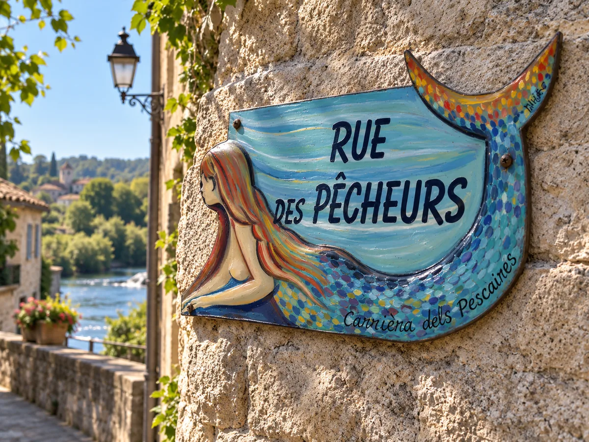 Plaque artisanale Rue des Pêcheurs en forme de sirène peinte