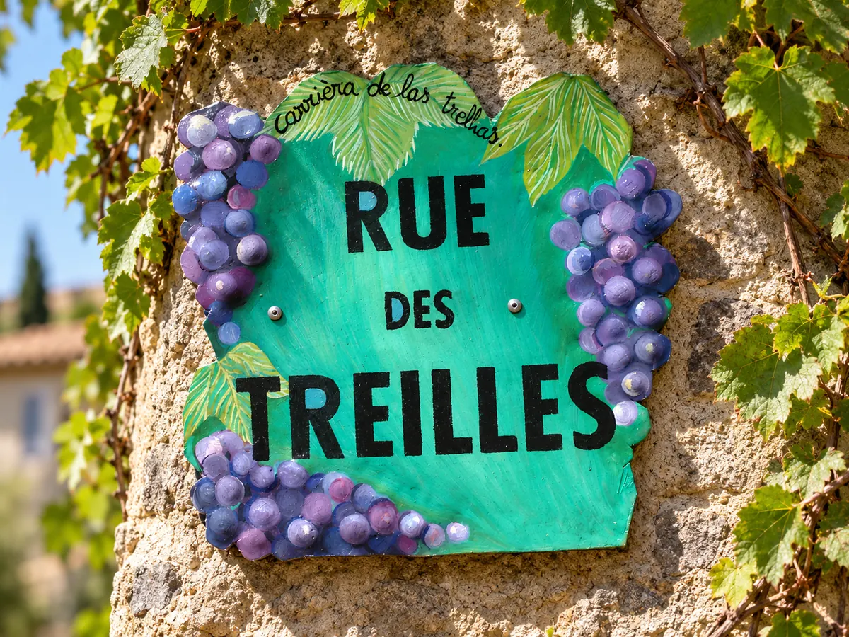 Plaque Rue des Treilles peinte à la main avec grappes de raisin en relief