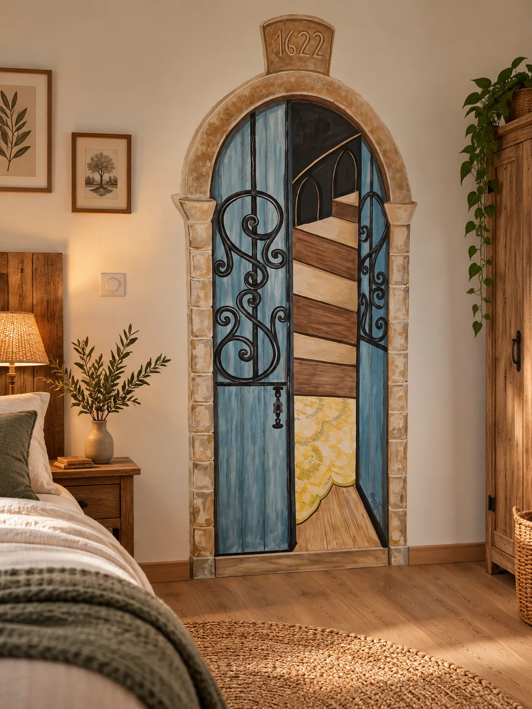 Porte bleue ancienne et escalier peints en trompe-l’œil sur un mur intérieur