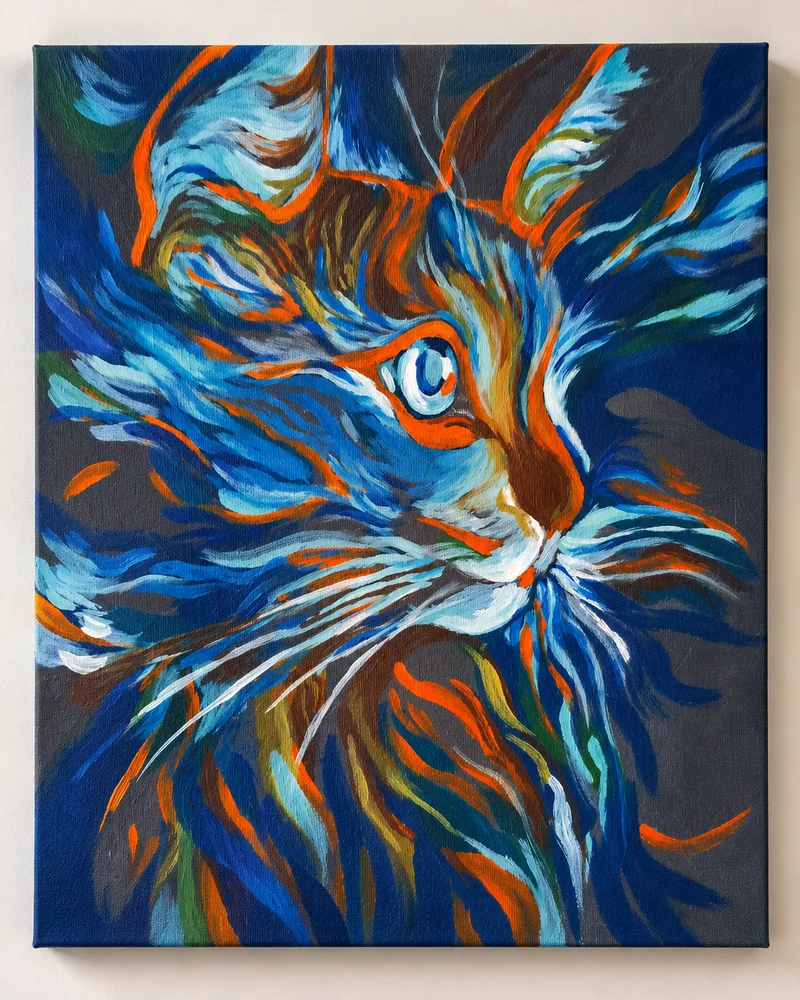 Portrait de chat aux couleurs bleues et orangées