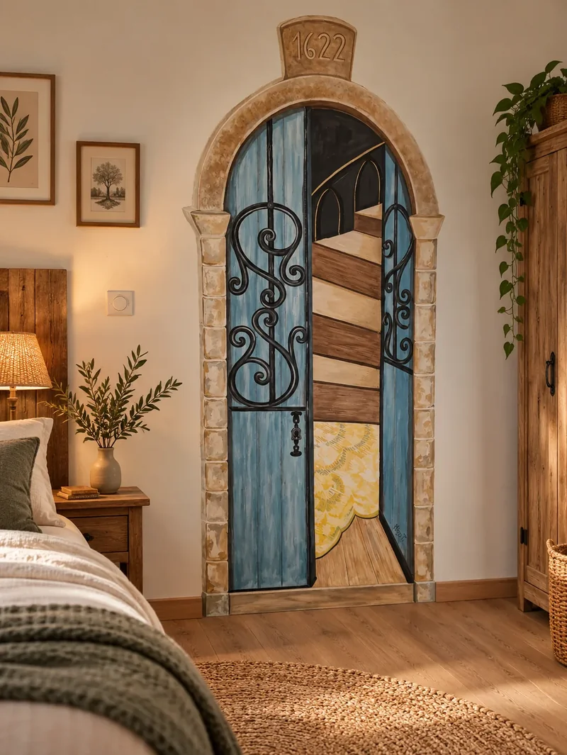 Porte en trompe-l’œil peinte dans une chambre