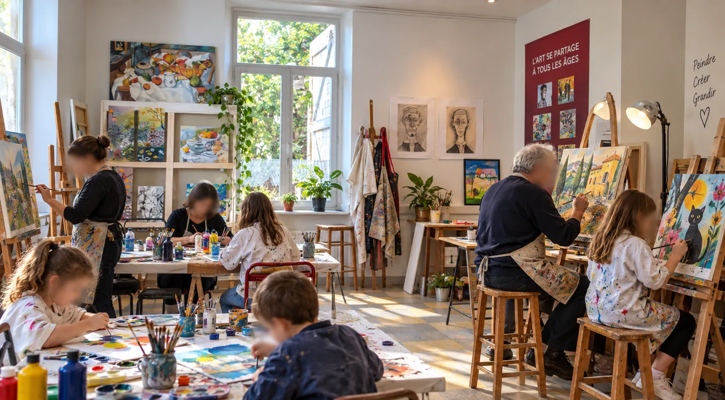 Élèves adultes et enfants pendant un cours de dessin et peinture