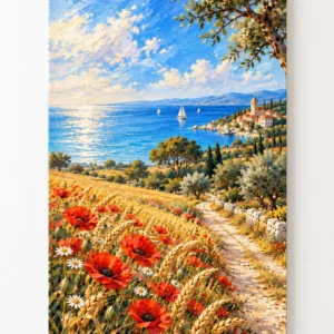 Tableau Côte d’Azur, paysage méditerranéen avec coquelicots et voiliers