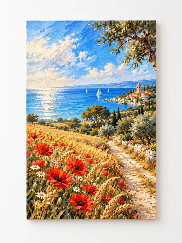 Tableau Côte d’Azur, paysage méditerranéen avec coquelicots et voiliers
